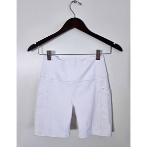 Fabletics White PowerHold High Waisted Biker Shorts Side Pockets Athletic S 6"